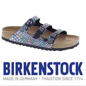NWT Birkenstock Florida Fresh Vegan 3Strap Slide in Multi Color Shiny Faux Snake